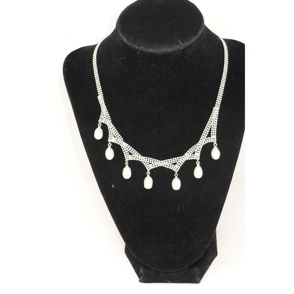 Silver Tone 16.5" Necklace with Dangling Pearls - Picture 4 of 7